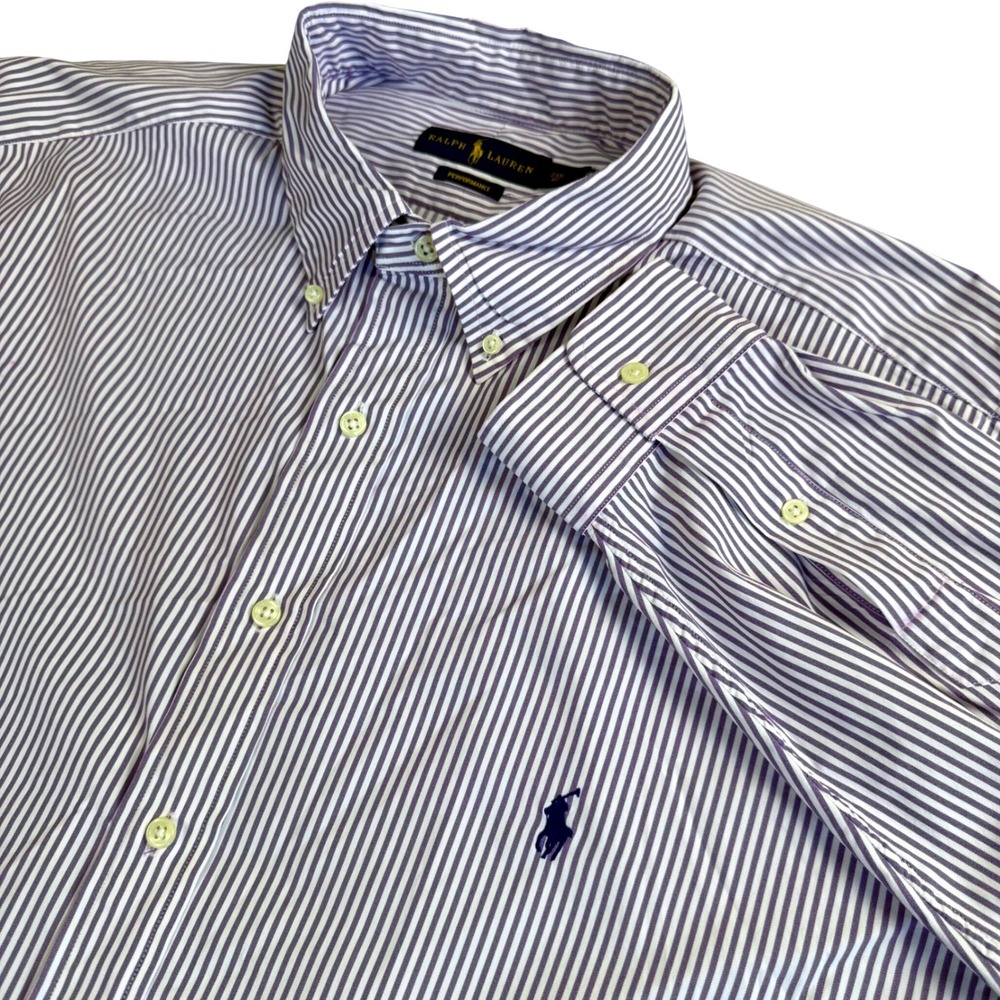Ralph Lauren Performance Shirt Mens 2XB Purple White Striped Button Down Stretch